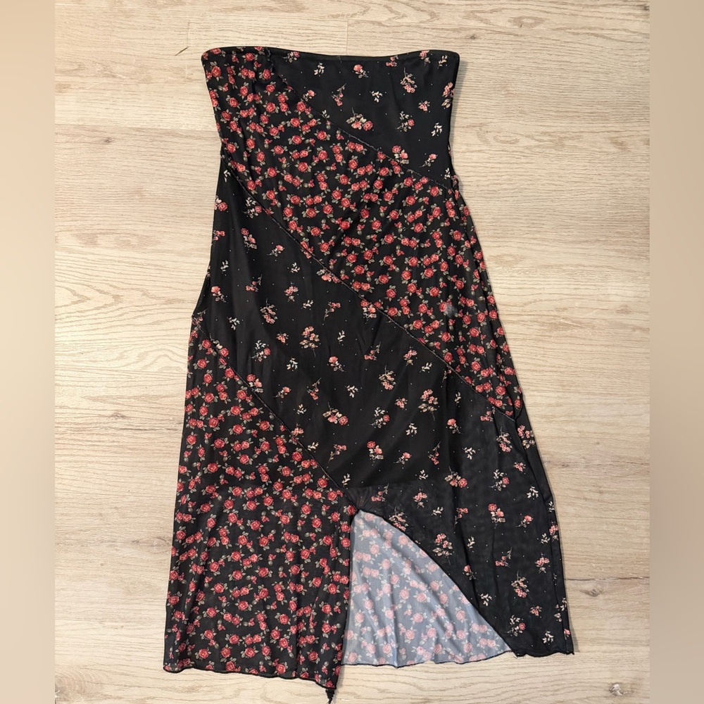 Altar'd State Black Strapless Midi Dress with Pink Rose Print - Picture 3 of 6